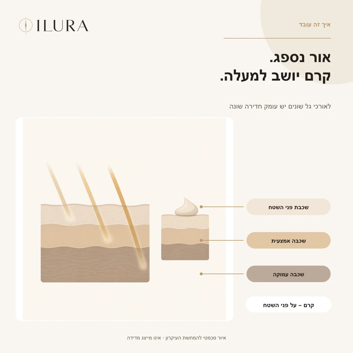 איור סכמטי: אור נספג בשכבות העור בעומקים שונים, בעוד קרם נשאר על פני השטח. איור עקרוני בלבד — אינו מייצג מדידה.